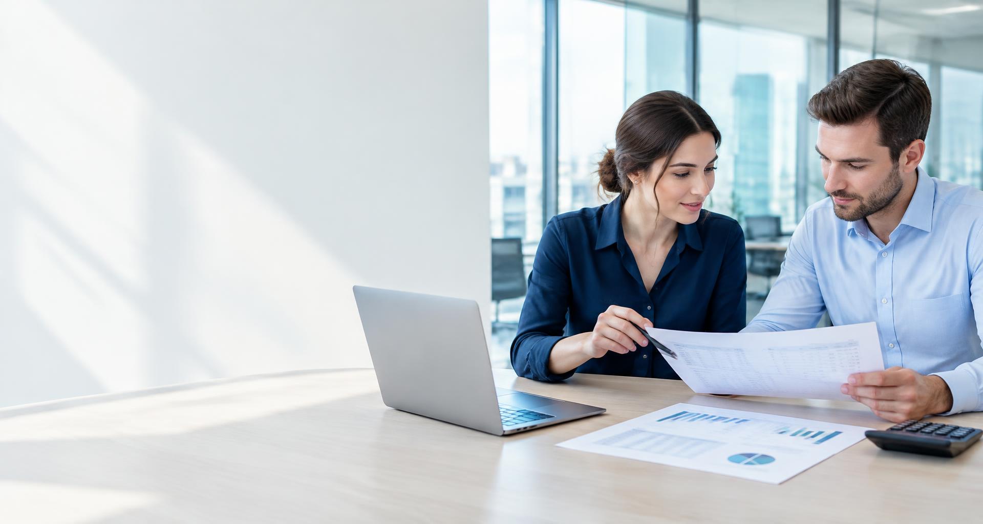 Two accounting professionals reviewing financial reports together in an office